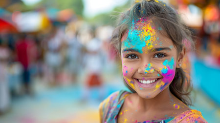 Indian little girl with colorful paint on her face at Holi festivalの素材