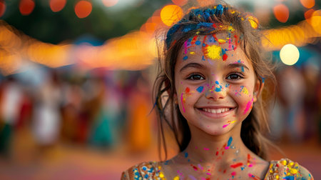 Portrait of a little girl with a painted face on Holi festivalの素材