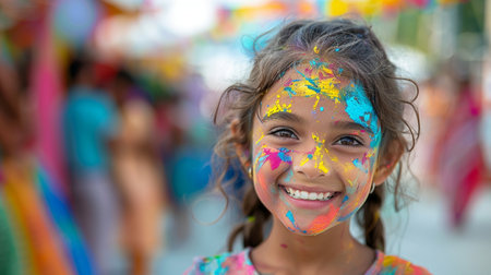 Portrait of a happy little girl with face painting at holi festivalの素材