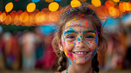 Portrait of a little girl with face covered in multicolored powderの素材