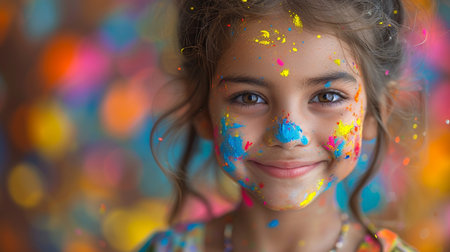 Portrait of smiling little girl with face painted in colorful paint.の素材