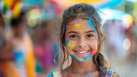 Portrait of a little girl with holi paint on her faceの素材