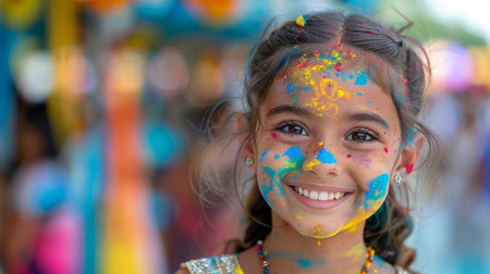 Cute indian little girl with face covered in colorful holi paintの素材