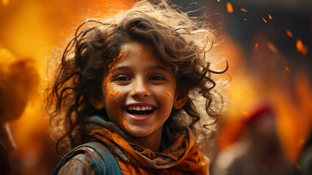 Close-up portrait of a beautiful little girl with long curly hair on the background of fireの素材