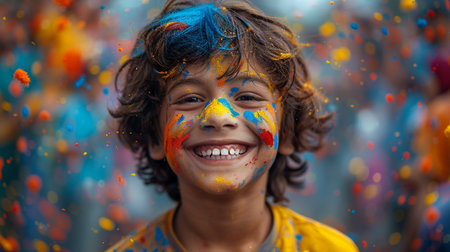 Portrait of a boy with a painted face on Holi festivalの素材