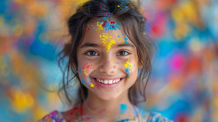 Portrait of a smiling girl with her face painted in different colorsの素材