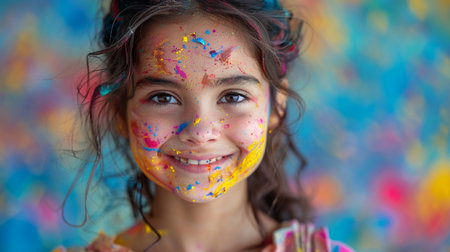 Portrait of a beautiful little girl with face covered with colorful paintの素材