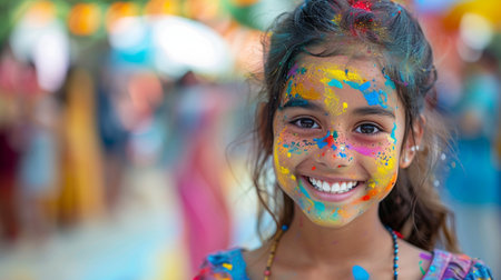 Portrait of a smiling Indian girl with face covered with colourful paintの素材