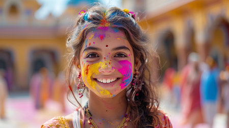 Unidentified Indian girl at Holi celebration in Kolkata, India. Holi is the festival of colors in India.の素材
