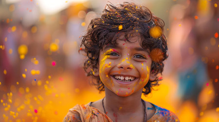 Indian child playing Holi in India. Holi is the festival of colours.の素材