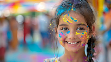 Portrait of happy little girl with painted face at holi festivalの素材