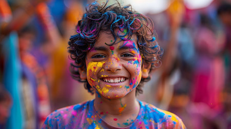 Unidentified indian child at Holi festival in Kolkata. Holi is one of the biggest festivals in Indiaの素材