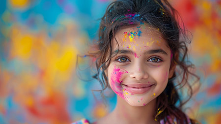 Portrait of a cute little girl with face covered with colorful paintの素材