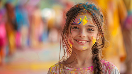 Portrait of a cute little girl with face covered with colorful paintsの素材