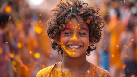 Unidentified indian boy at Holi festival in Kolkata, West Bengalの素材