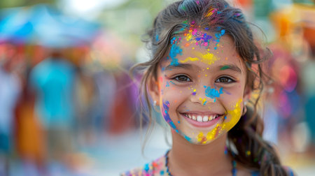 Portrait of a cute little girl with painted face at holi festivalの素材