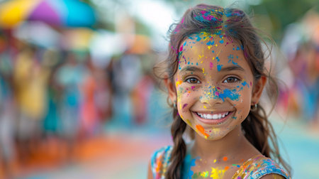 Portrait of smiling little girl with face covered with multicolored paintの素材