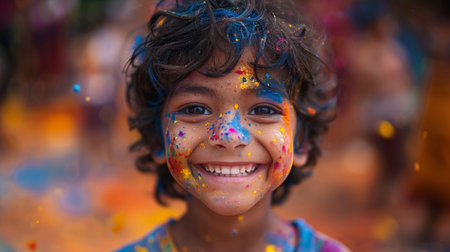 Indian child playing Holi festival, indian boy with face paintingの素材