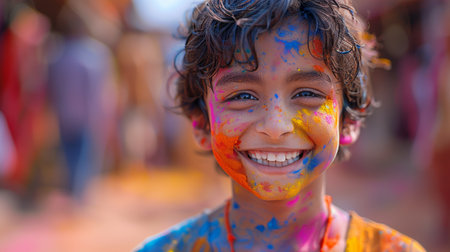 Close up portrait of a happy Indian kid playing Holi color festivalの素材