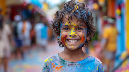Happy indian child playing with colors on Holi festival in Indiaの素材