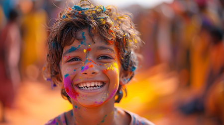 Close up portrait of a cute Indian child playing Holi festival.の素材