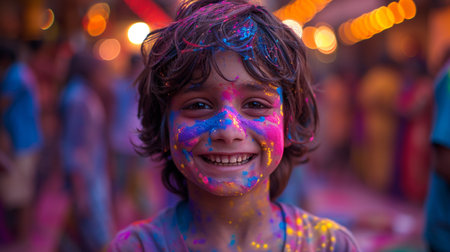 Portrait of a cute little boy playing Holi color festival.の素材