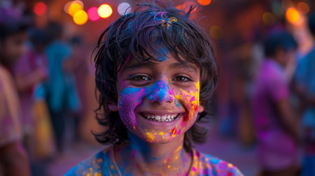 Indian child playing Holi color festival at Jaipur, Rajasthan, Indiaの素材