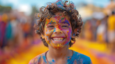 Portrait of a happy boy covered with multicolor paints at Holi festivalの素材