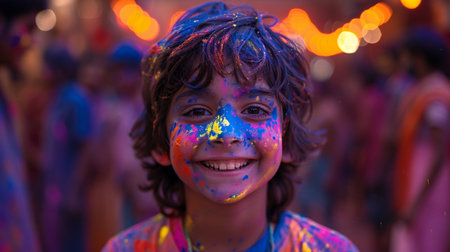 Unidentified Holi kid at Holi festival in Kolkata, West Bengal, Indiaの素材