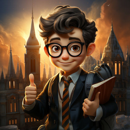 Cute cartoon schoolboy with backpack and book showing thumbs up.の素材