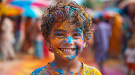 Unidentified child at Holi festival in Kolkata, West Bengal, India. Holi is one of the biggest festivals in India.の素材