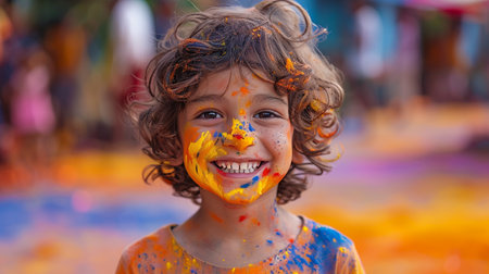 Cute indian kid playing with colors during Holi festival in Indiaの素材