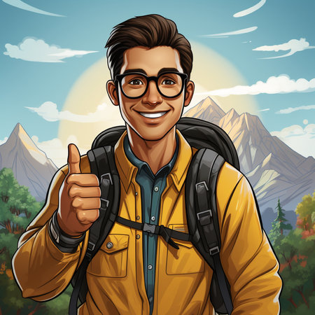 Handsome young man with backpack and thumbs up. Vector illustration.の素材