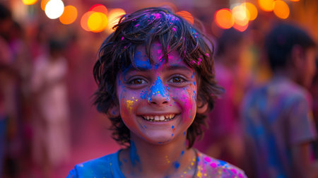 Portrait of a child playing Holi color festival in India.の素材