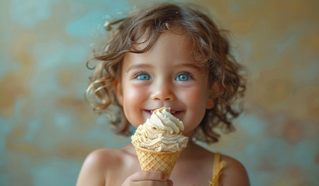 Little girl eating ice cream in a waffle cone on a light backgroundの素材