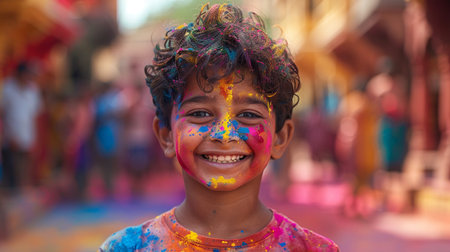 Unidentified Holi kid on Holi festival in Kolkata. Holi is one of the biggest festivals in India.の素材