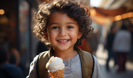 Portrait of cute little curly girl with ice cream on the streetの素材
