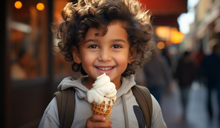Portrait of a cute little boy with ice cream on the streetの素材