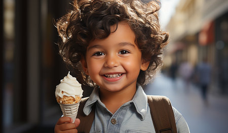 Portrait of cute little boy with ice cream cone on blurred backgroundの素材