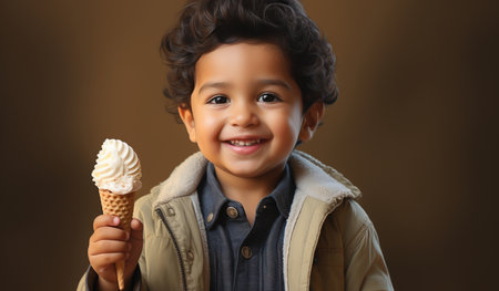 Cute little boy with ice cream on brown background, closeupの素材