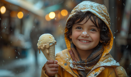 Cute little girl eating ice cream at Christmas market in Paris, Franceの素材