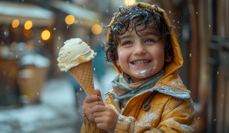 Little boy eating ice cream on the background of a snowy street.の素材