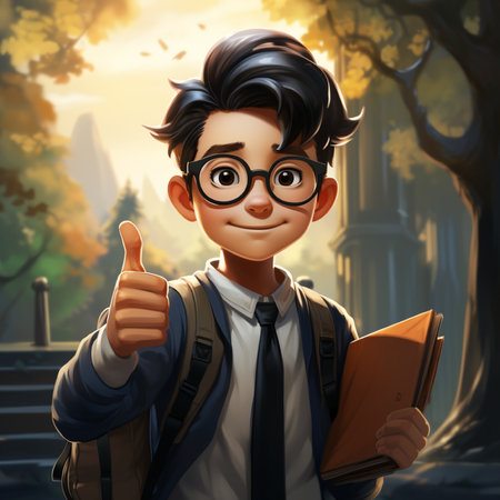 3D illustration of a boy with backpack and book showing thumbs upの素材