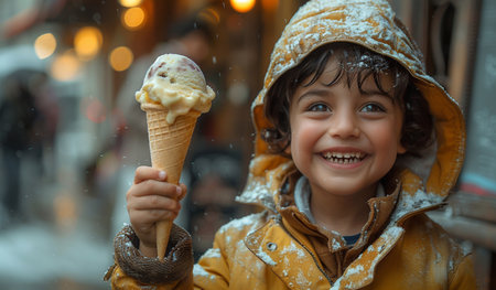 Little boy eating ice cream at Christmas market in Prague, Czech Republicの素材