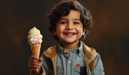Cute little boy with ice cream on dark background, closeupの素材