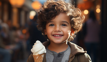 Cheerful little boy with ice cream in a waffle coneの素材