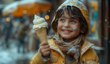 Cute little boy with ice cream cone in the snowfall.の素材