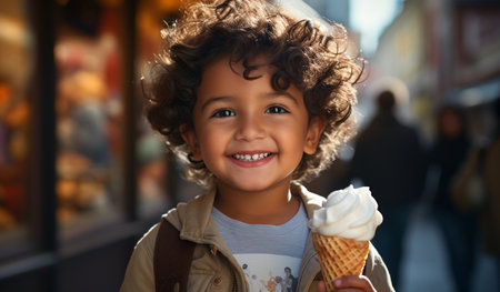 Portrait of happy little boy with ice cream cone on the streetの素材