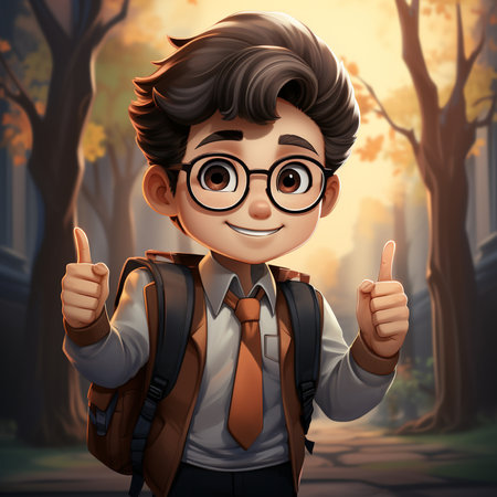 Cute schoolboy with backpack and thumbs up in the park illustrationの素材