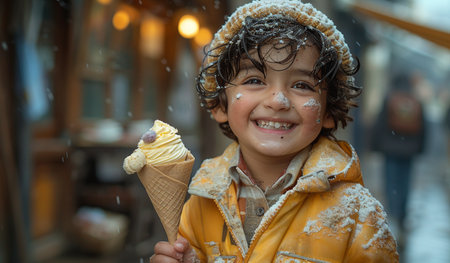 Cute little boy eating ice cream on the street in winter.の素材